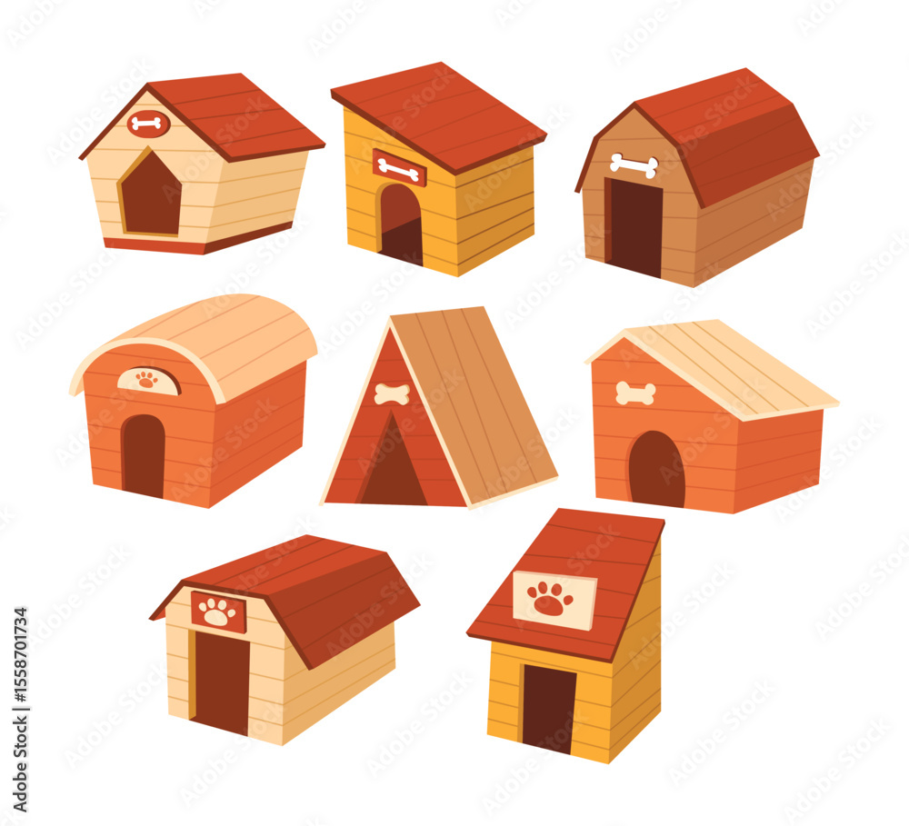 Obraz premium Set of dog house set collection cartoon, Dog accessory shop icon, petshop supermarket item, empty pet home with roof. House for domestic animal wildlife. Flat vector illustration