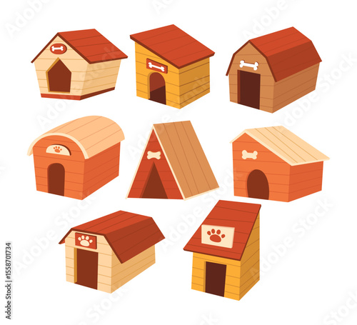 Set of dog house set collection cartoon, Dog accessory shop icon, petshop supermarket item, empty pet home with roof. House for domestic animal wildlife. Flat vector illustration