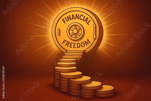 Digital illustration of a staircase made of coins leading up to a glowing vault labeled “Financial Freedom” – symbolic composition. Generative AI