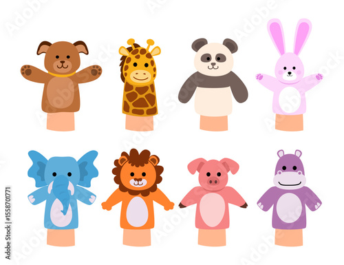Set of funny animal hand puppets set collection, Cartoon toys from socks for kids or children, animals finger puppets with bear, giraffe, panda, rabbit, elephant, lion, pig, rhino vector illustration