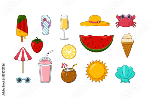 Cute Summer Cartoon Doodle Vector Icon Set. Fun Hand-Drawn Vacation Summer Elements collection isolated on white background. Travel Items for Posters, Patterns, Stickers, and Design Projects.