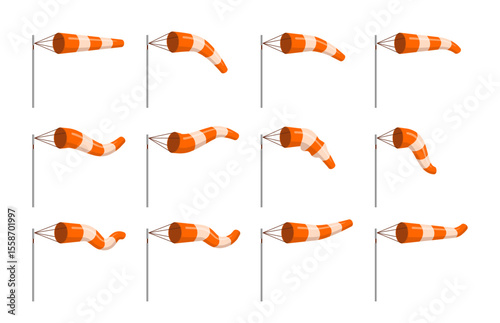 Set of windsock or wind sleeve set collection, windsock on a pole, wind speed, indicating wind direction and strength, sideview straight, weather indicator isolated on white background illustration