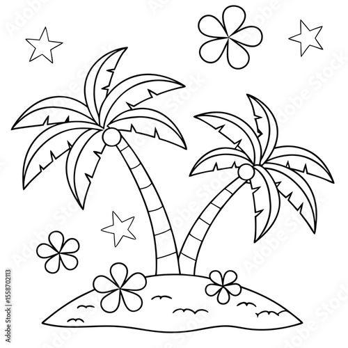 Tropical Island Paradise with Palm Trees and Exotic Flowers