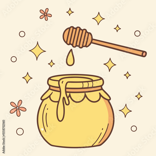 Sweet Golden Honey Dripping from Wooden Dipper into Jar with Flowers and Sparkles