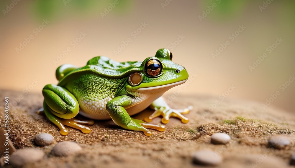 Naklejka premium single green frog sitting on land a cute green frog with brown eyes