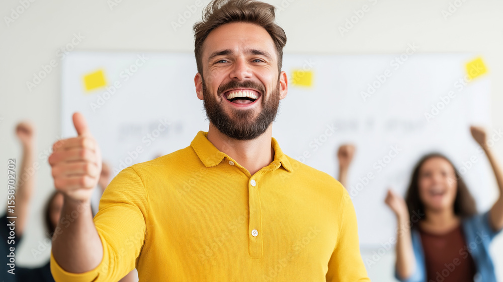 Manager showing thumbs up and smiling while his team celebrates success in the background, in front of a whiteboard