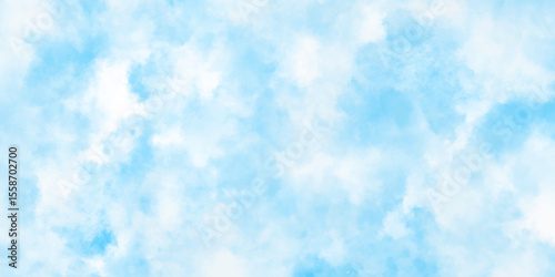 Blue sky with white clouds Abstract nature background of romantic summer. Sunny sky blue light watercolor aquarelle painting brush effect. Fantastic fuzzy and puffy blue sky for design.	