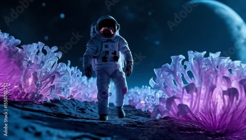 Astronaut Exploring Alien Landscape with Glowing Flora on Moon
