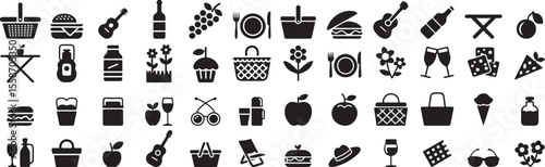 Picnic items food drink music and leisure black