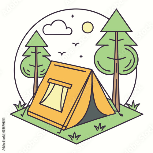 Vibrant Orange Tent Amidst Tall Green Trees Under a Sunny Sky