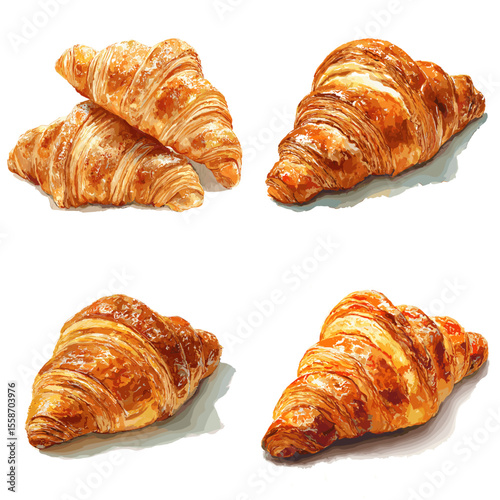 Delicious golden brown croissant illustrations in realistic style, perfect for bakery, breakfast, pastry, and food packaging design elements.

