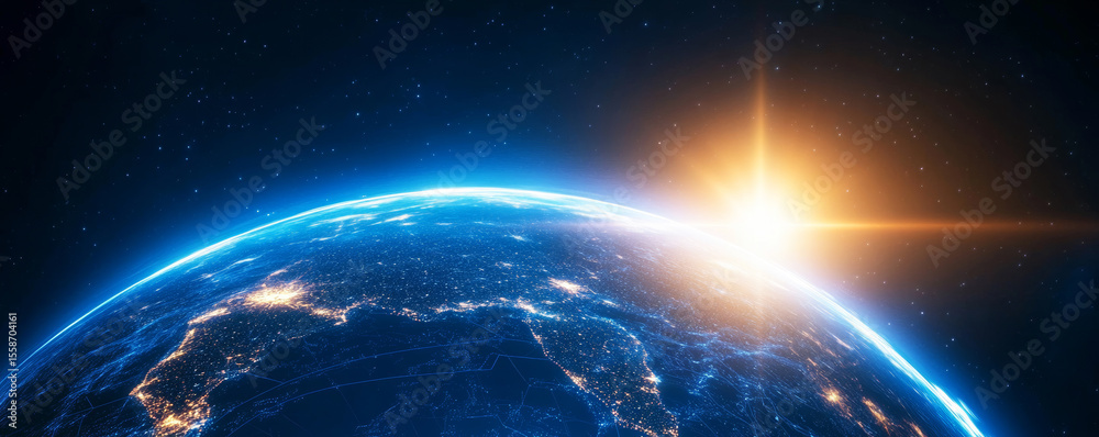 Fototapeta premium Holographic view of planet Earth rotating in space, showing sunrise and Western Europe illuminated by city lights at night