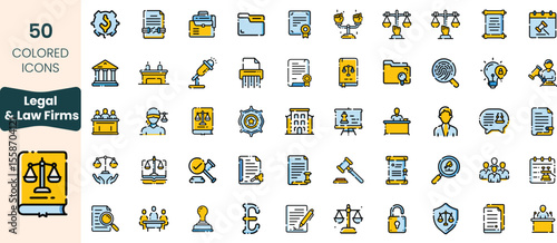 A collection of 50 colored icons representing various elements in the legal field, including symbolized justice scales, documents, judges, and law firms.