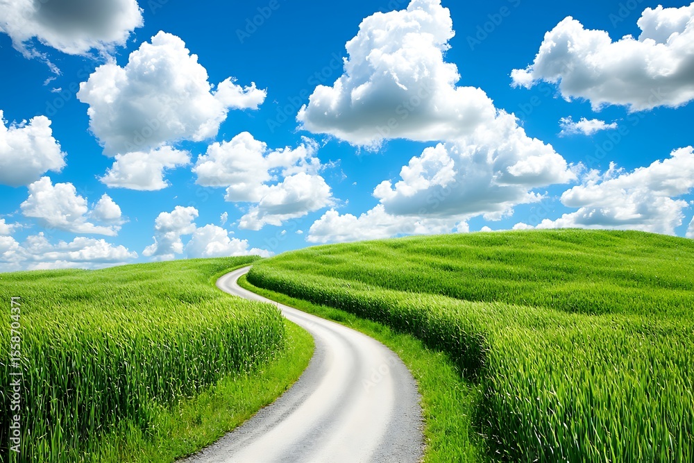 Fototapeta premium Serene pathway winds through vibrant greenery under a cloudy blue sky