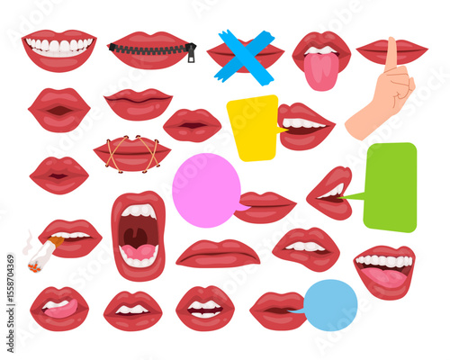 Set of lips expression icon set collection, Mouth Talking, Smile, Shout, Silence, Speak Bubble, Emoji, Cigarette, Kiss, Open, Closed, Emotion, Facial, Female, Cute, Icon, Bundle, Cartoon, Funny, Flat.