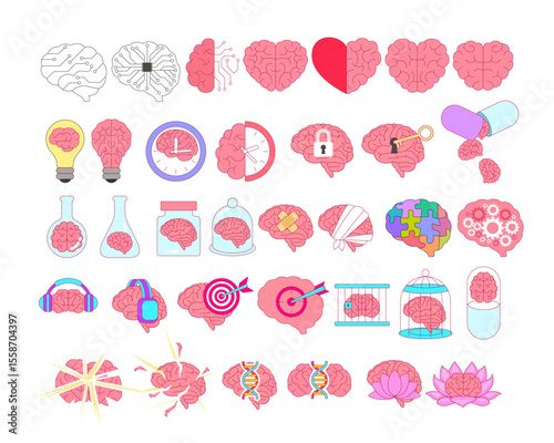 Set of Brain Icon Concept Set Collection Creative Mindset, Intelligence, Mental Health, Puzzle, DNA, Circuit, Meditation, Target, Focus, Heart, Idea, Logic, Therapy, Knowledge, Memory, Psychology, Zen