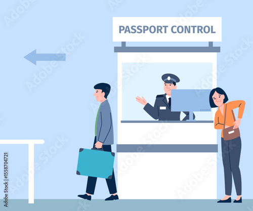 Border control in airport or port. Tourists show documents, border policeman. Flat travel concept, safety and comfort, vector illustration