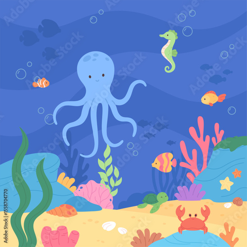 Cartoon underwater world illustration. Sea ocean life, seaweed, fish, octopus, turtle and crab. Fairytale landscape with funny characters, vector background
