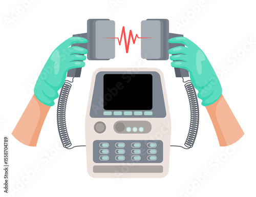 Medical staff hands holding defibrillator device, medical tool, treatment healthcare concept, Emergency Cardiac Treatment Equipment in Hands, Shock Pads Tool Equipment Vector Illustration