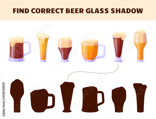Entertainment game for adults, find correct beer glass shadow. Bar or pub play template with cartoon drinks, Oktoberfest party joke, vector template