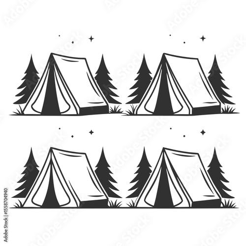 Four tents pitched in the wilderness under a starry sky and surrounded by pine trees