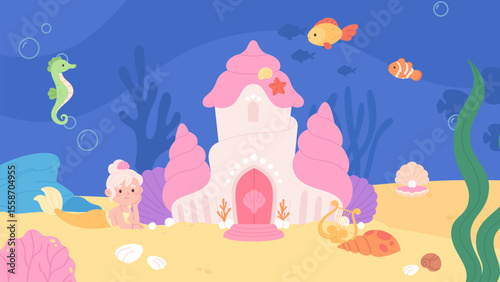 Fairytale illustration with little mermaid princess and underwater castle. Cartoon fish and seahorse, seaweeds and plants, sand, vector background