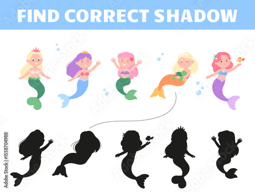 Find correct mermaid shadow. Children educational development game with funny cartoon underwater mermaids princess, fish, turtle, vector template