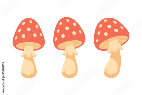 Cute Cartoon Fly Agaric Mushrooms Vector Illustration. Red Amanita Mushrooms Icon Set, Forest Fairy Tale, Autumn Nature Elements for Kids, Woodland Design, Fantasy, Poisonous Mushroom Collection