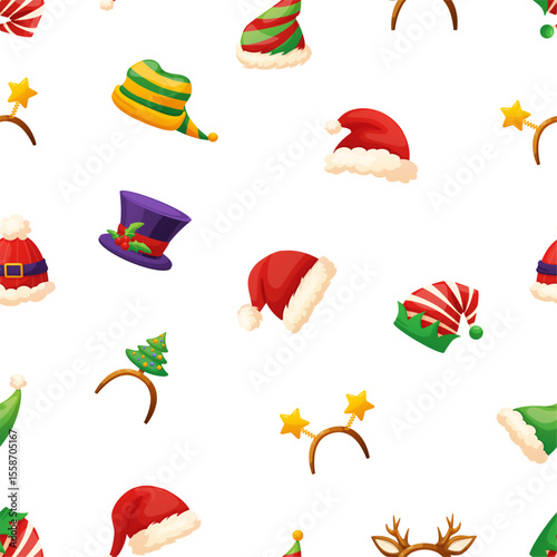 Santa, elves hats. Different cartoon head accessories, Christmas and New Year decorations. Festive vibrant winter holidays print for fabric, vector background