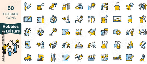 Collection of 50 colored icons depicting various hobbies and leisure activities, showcasing creativity, relaxation, and entertainment in an engaging design.