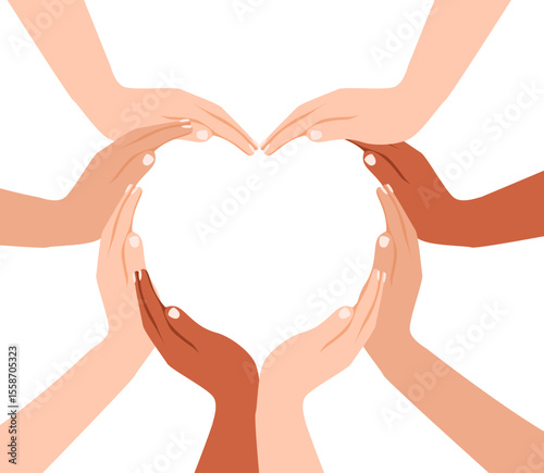 Unity and diversity forming heart of a diverse group of people connected together as a supportive symbol of sense of and togetherness. Diverse Hands Forming Heart Symbol of Unity, Love, Friendship