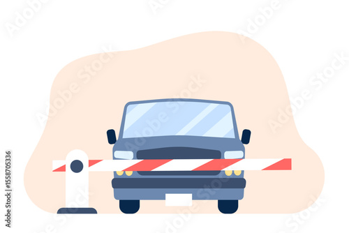 Car barrier. Auto parking concept, park zone with red white stripes closed barrier. Automobile passes on paid parking, stop border recent vector flat scene