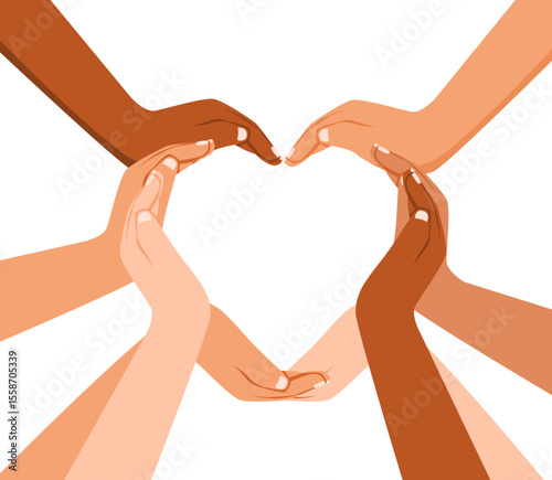 Unity and diversity forming heart of a diverse group of people connected together as a supportive symbol of sense of and togetherness. Diverse Hands Forming Heart Symbol of Unity, Love, Friendship