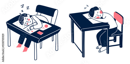 Students sleeping at desks while drawing in school environment  