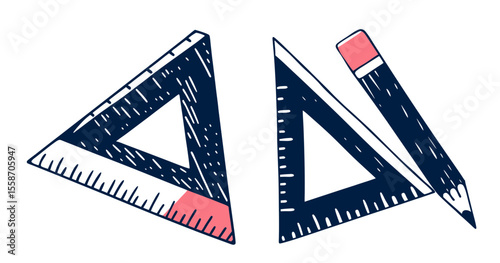 Set of drawing tools including triangle rulers and pencil concept  