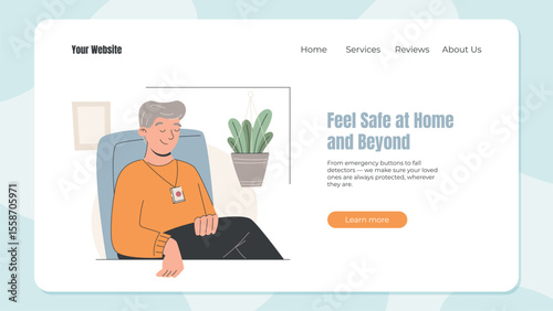 Vector web template for elderly home safety services with flat senior man wearing emergency alert device. Concept of independence, protection, and smart healthcare for seniors at home.