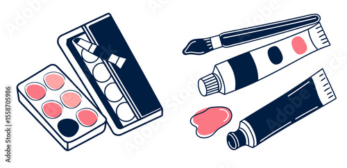 Set of drawing tools with colored pencils and paints for school concept  