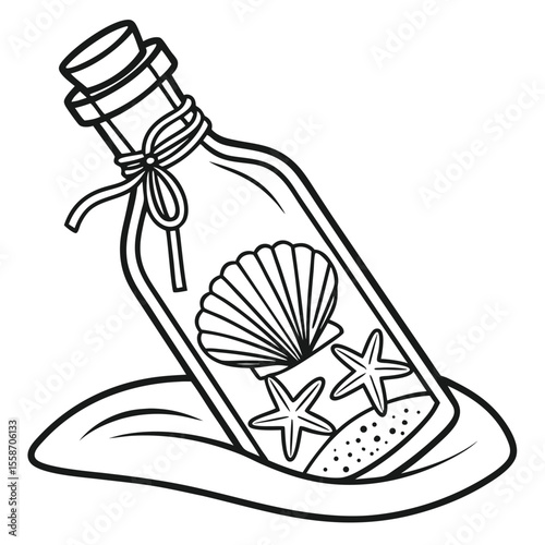Message in a bottle with seashell and starfish inside on sand