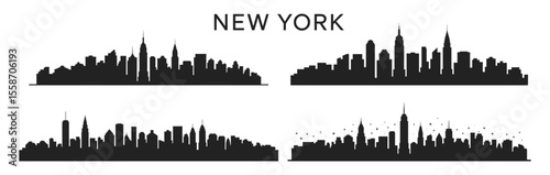 Silhouettes of New York City skyline featuring iconic skyscrapers and urban skyline variations, vector illustration. Includes night scene and famous landmarks.