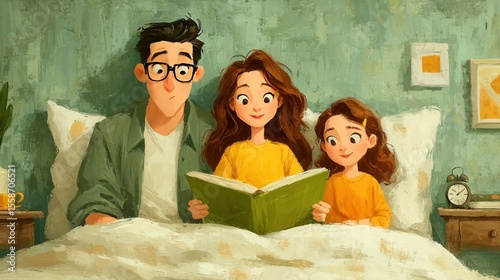 Young family with two children reading a book in bedroom