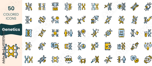 Collection of 50 colored icons representing genetics, including DNA strands, molecules, and genetic tools, showcasing the diversity of genetic concepts.