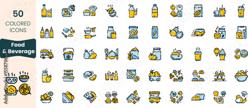 Collection of 50 food and beverage icons, showcasing diverse culinary delights in a colorful, playful design, perfect for menus or culinary projects.