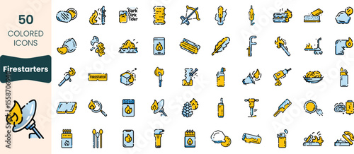 Collection of 50 illustrated icons representing various fire starters and related tools, featuring a mix of colors and designs ideal for creative projects.
