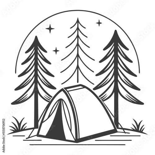 Illustration of a Tent Set Up Amidst Tall Pine Trees Under a Starry Night Sky