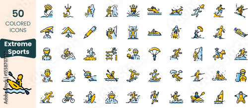 Collection of colored icons representing various extreme sports, including surfing, skiing, skateboarding, and more, showcasing action and adventure.