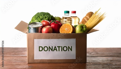 donation box full of fresh food on wooden table