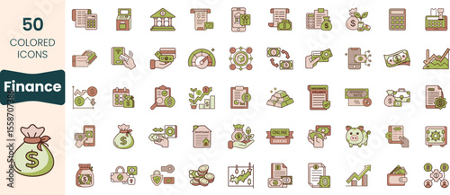 A collection of 50 colorful finance-themed icons featuring money bags, charts, calculators, and banking elements, perfect for financial applications and websites.