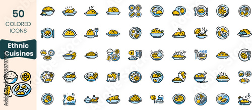 A colorful collection of 50 icons representing various ethnic cuisines, showcasing dishes like pasta, rice, and dumplings, emphasizing diversity in food culture.