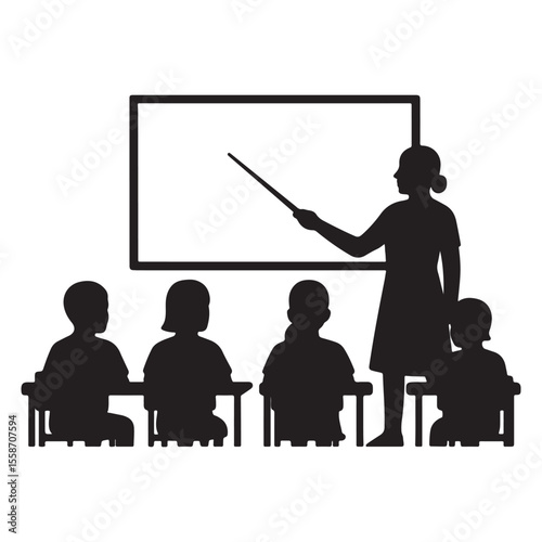 Teacher and Students Engaged in Lesson Silhouette Vector Scene