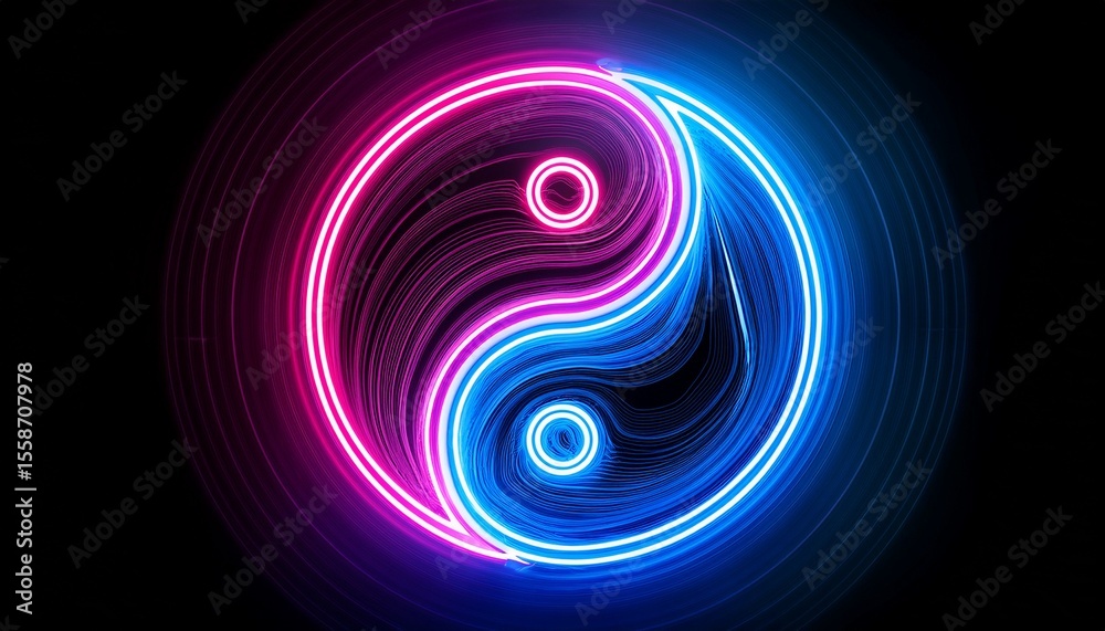 Naklejka premium yin yang neon light symbol in blue and pink colors on a black background